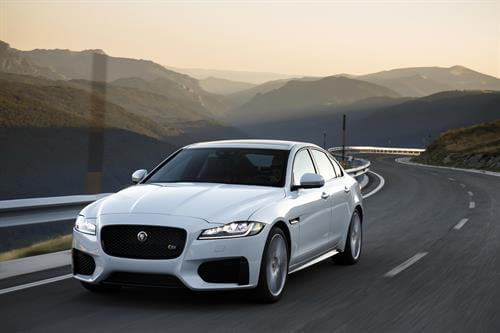 White 2017 Jaguar XF front on the road