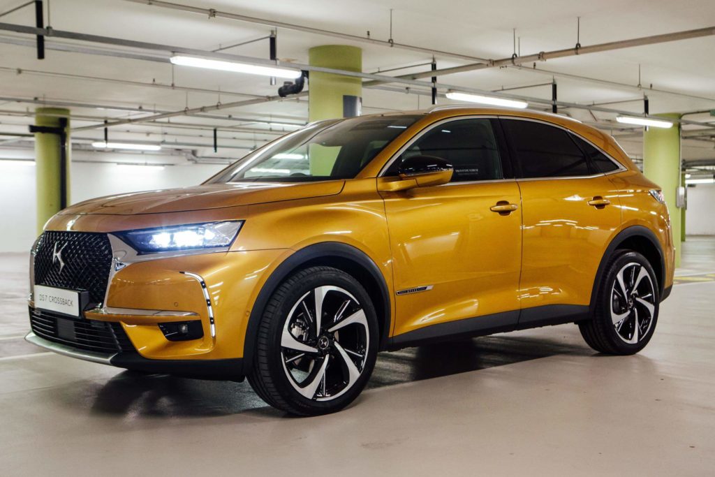 Yellow DS7 Crossback parked at Westfield shopping centre