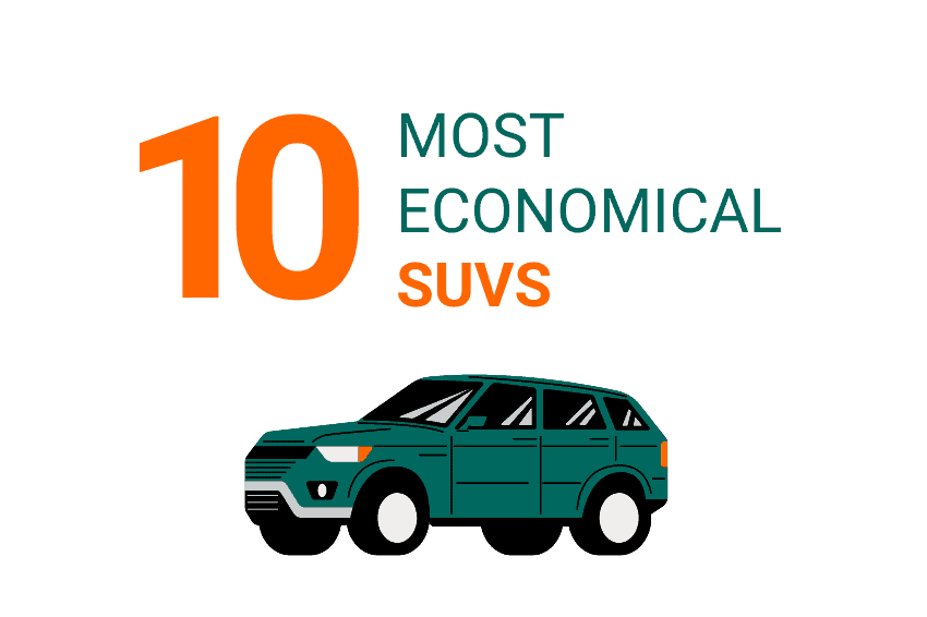 Ten MOST ECONOMICAL SUVS in green and orange text below is a green and orange icon of an sports utility vehicle